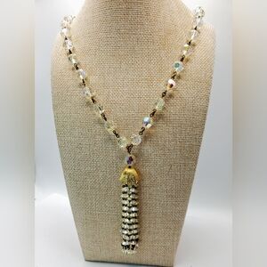 Vintage Crystal Necklace Pendant Tassel Aurora Borealis Faceted Beads 60s Era